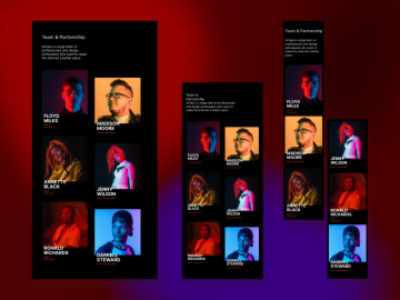 Bright and daring Team Web Block for About page. Dark theme.